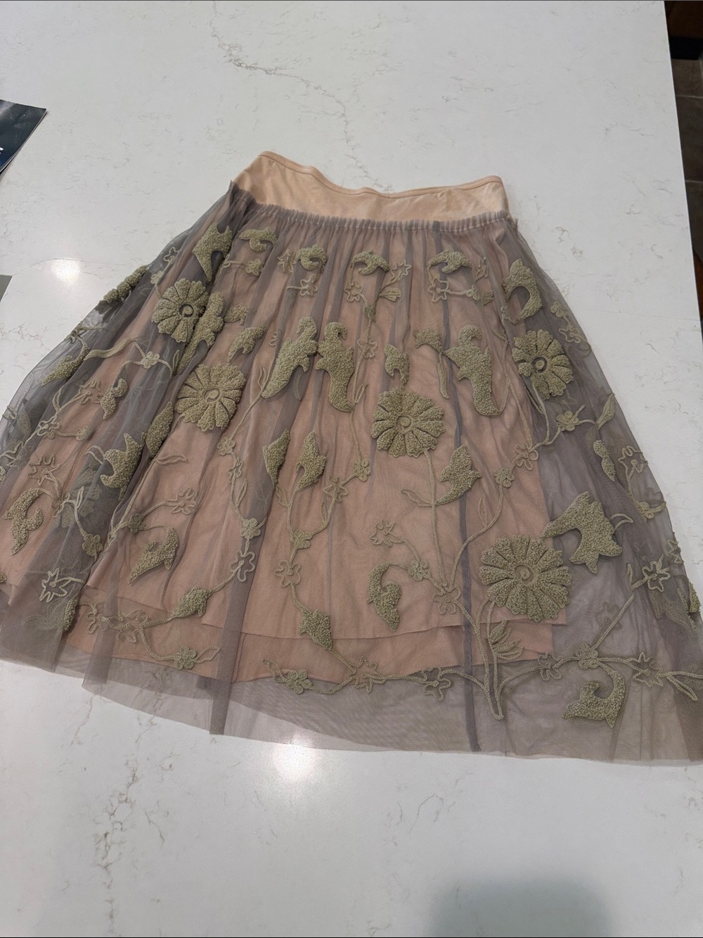 Chan Luu Blush Peach Tulle Midi Skirt with Khaki/ stone Embroidery.